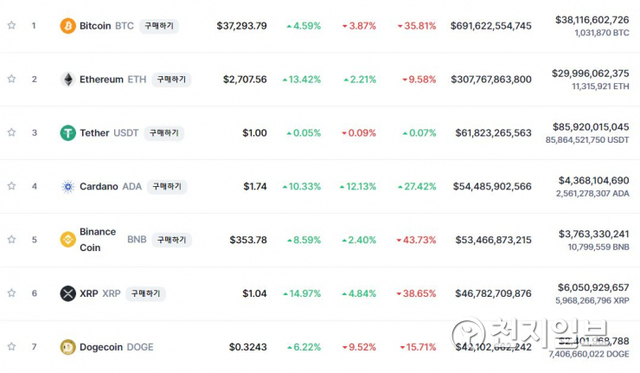 이 시각 현재 주요 가상화폐 시황. (코인마켓캡 캡처) ⓒ천지일보 2021.6.1