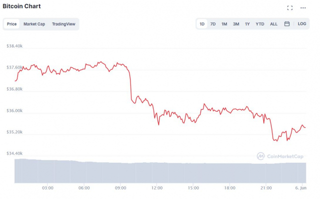 지난 24시간 기준 비트코인 시세 차트 (코인마켓캡 캡처) ⓒ천지일보 2021.6.6