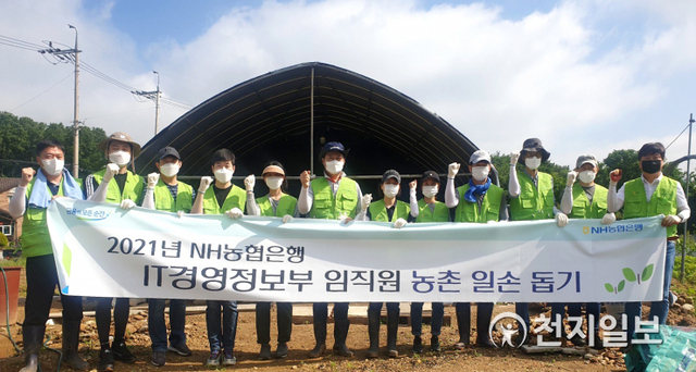 지난 4일 NH농협은행 IT부문 IT경영정보부 직원들이 경기도 의왕시 소재 다육식물 재배 농가에서 기념촬영을 하고 있다. (제공: NH농협은행) ⓒ천지일보 2021.6.6