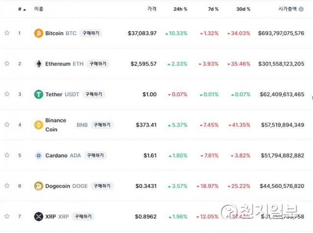 이 시각 현재 주요 가상화폐 시황(코인마켓캡 캡처) ⓒ천지일보 2021.6.10