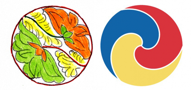 (왼쪽) 도 2-3과 같다. 역시 보주자(도 3-3). (오른쪽) 세 앵무새가 삼태극으로 환원됨(도 3-4). (제공: 강우방 일향한국미술사연구원장) ⓒ천지일보 2021.7.5