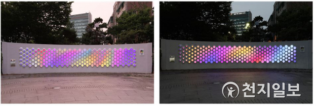 왕십리광장 스마트 아트월의 낮(왼쪽)과 밤의 모습. (제공: 서울 성동구) ⓒ천지일보 2021.7.14