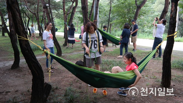강원환경연구공원이 간성천 계곡에 마련한 에코체험 가족캠프에 참여한 가족이 밧줄만들기를 통해 만든 해먹을 오르며 즐거운 시간을 보내고 있다. (제공: 강원도청) ⓒ천지일보 2021.7.14