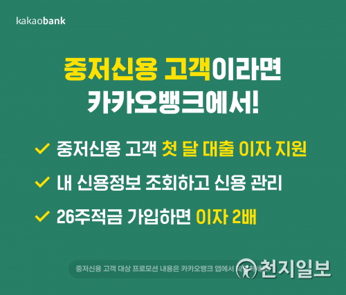 카카오뱅크는 신용점수 820점 이하 중·저신용 고객을 대상으로 대출 이자를 지원한다. (제공: 카카오뱅크) ⓒ천지일보 2021.6.11