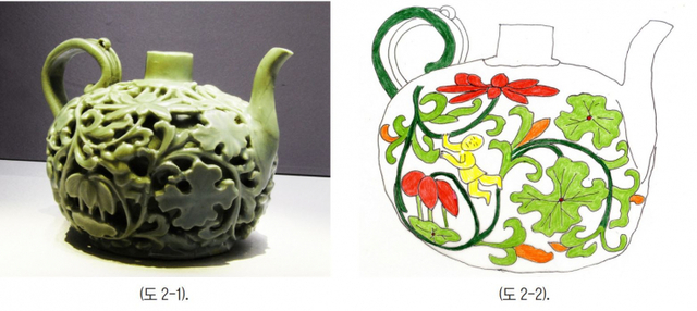 '고려청자 연꽃모양 영기문을 받든 동자들 투각문양 주전자와 승반'의 네 면을 각각 채색분석하여 보면 어떤 성격의 청자인지 파악할 수 있을 것이다(도 2-1, 2-2) (도 3-1, 3-2) (도 4-1, 4-2) (도 5-1, 5-2). (제공: 강우방 일향한국미술사연구원장) ⓒ천지일보 2021.7.24