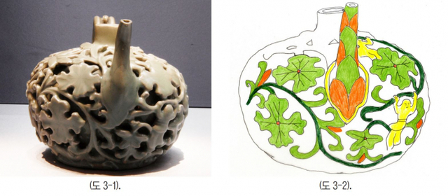 '고려청자 연꽃모양 영기문을 받든 동자들 투각문양 주전자와 승반'의 네 면을 각각 채색분석하여 보면 어떤 성격의 청자인지 파악할 수 있을 것이다(도 2-1, 2-2) (도 3-1, 3-2) (도 4-1, 4-2) (도 5-1, 5-2). (제공: 강우방 일향한국미술사연구원장) ⓒ천지일보 2021.7.24