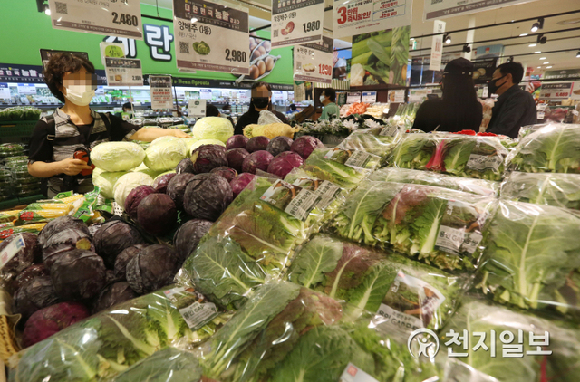 [천지일보=남승우 기자] 4일 통계청의 ‘소비자물가 동향’에 따르면 7월 소비자물가지수가 지난해 동월 대비 0.3% 상승했다. 품목별로 보면 농·축·수산물 가격이 6.4% 상승했다. 장마에 따른 출하 감소 등의 영향으로 채소류가 16.3% 상승하며 농산물 가격이 4.9% 올랐다.사진은 이날 오후 서울의 한 대형마트에서 시민들이 장을 보고 있는 모습. ⓒ천지일보 2020.8.4