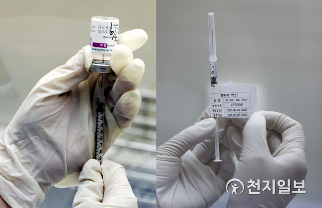 [천지일보=남승우 기자] 의료진이 신종 코로나바이러스 감염증(코로나19) 아스트라제네카(AZ) 백신의 분주작업을 진행하고 있다(왼쪽). 의료진이 화이자 백신을 들어보이고 있다. ⓒ천지일보DB