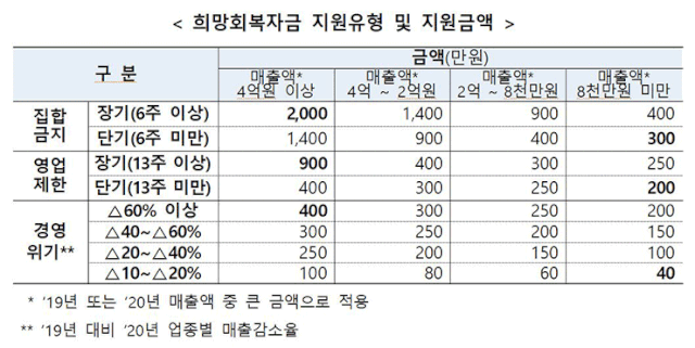 희망회복자금 지원유형 및 지원금액. (제공: 경북도청) ⓒ천지일보 2021.8.16