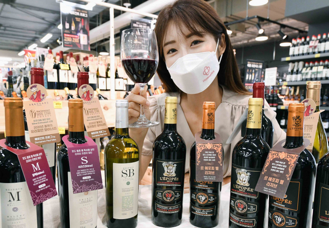 모델이 18일 서울 등촌동 홈플러스 강서점에서 다양한 품종의 신상품 프랑스 와인 9종을 선보이고 있다. (제공: 홈플러스)
