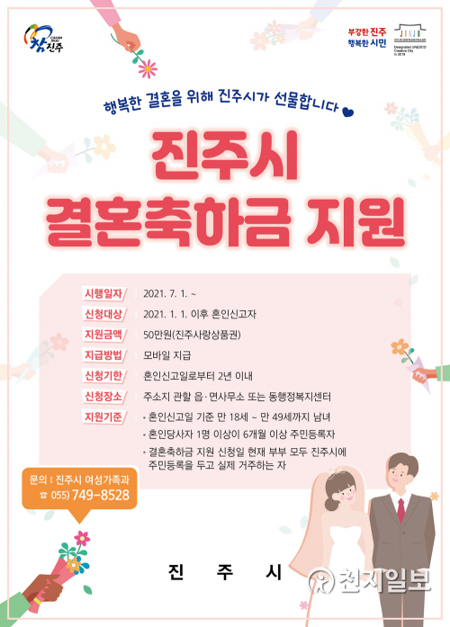 신혼부부 대상 ‘결혼축하금 지원사업’ 안내 포스터. (제공: 진주시) ⓒ천지일보 2021.6.25