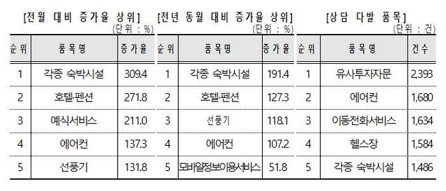 한국소비자원에 접수된 소비자 상담 품목별 증가율 표. (제공: 소비자원)
