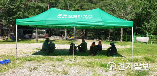 홍천군 공공산림가꾸기 사업에 참여한 공공근로자들이 폭염을 피해 그늘막에서 휴식을 취하고 있다. (제공: 홍천군청) ⓒ천지일보 2021.8.23