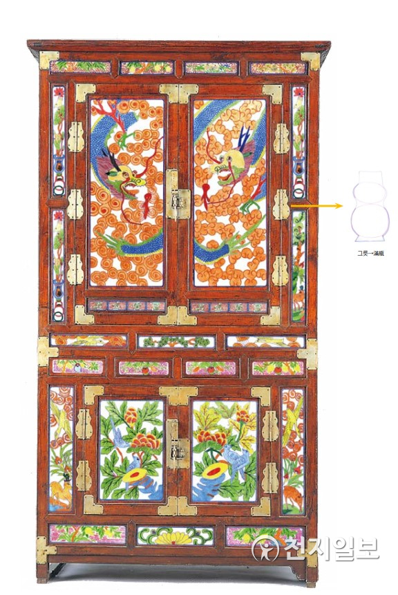 조선 옷걸이장. 최상단과 최하단의 7개 영기창에는 특히 여백을 작은 원으로 가득 채우고 있다. 도면으로 채색분석한 것을 보면 평면적으로 보이지만 옷걸이장에서는 둥글게 도드라지게 하나하나 조각해서 매우 놀랍다. 500개 가까운 보주들을 공을 들여 조각한 것이다. 영기문으로 이루어진 영기창에서 화생하기도 하지만, 수많은 보주에서 식물모양들이 화생하기도 한다. (제공: 강우방 일향한국미술사연구원장) ⓒ천지일보 2021.8.30