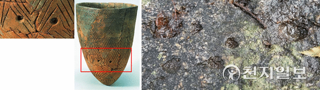 신석시 시대 즐문토기 '굼'. 안을 들여다 보면 나선문(螺琁紋)이 정연하게 나타나고 있다(왼쪽). 고봉산 바위에서 발견된 굼(성혈)의 안쪽을 들여다보면 나선문이 보인다(오른쪽). ⓒ천지일보 2021.9.1