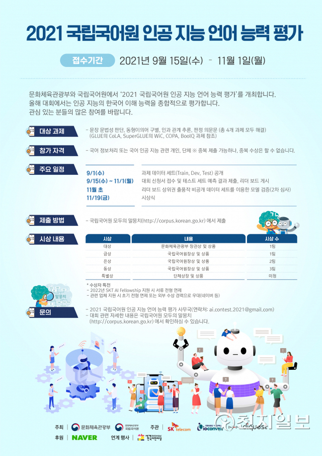 SK텔레콤이 우리말 인공지능(AI) 언어모델의 개발 역량 향상과 국어 정보화 저변 확대를 위해 문화체육관광부·국립국어원과 함께 ‘인공지능 언어 능력 평가 대회’를 개최한다고 1일 밝혔다. (제공: SK텔레콤) ⓒ천지일보 2021.9.1
