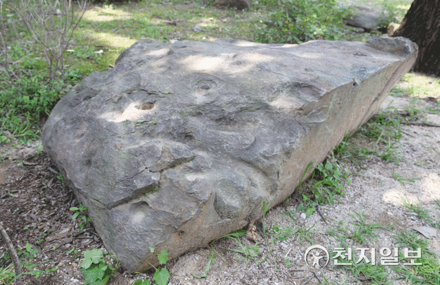 인천시 강화군 전등사 입구 남문 인근 암반 군에서 청동기시대 성혈(굼)이 30여개가 새겨진 남방식 고인돌 1기가 발견됐다. ⓒ천지일보 2021.9.6