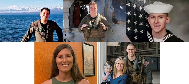 [샌디에이고(미국)=AP/뉴시스]31일 미 해군 헬기 MH-60S 추락 사고로 인해 순국한 병사들의 모습. (좌측 상단부터 오른쪽으로) 브래들리 포스터(29), 폴 프리들리(28), 제임스 뷰리악(31), 세라 번스(31), 베일리 터커(21).
