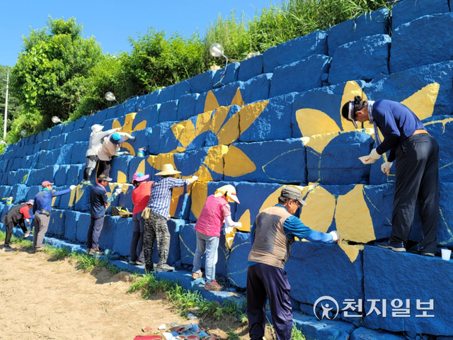 청일면 청촌회 회원들이 마을 골목 벽화 그리기 행사를 펼치고 있다. (제공: 횡성군청) ⓒ천지일보 2021.9.14