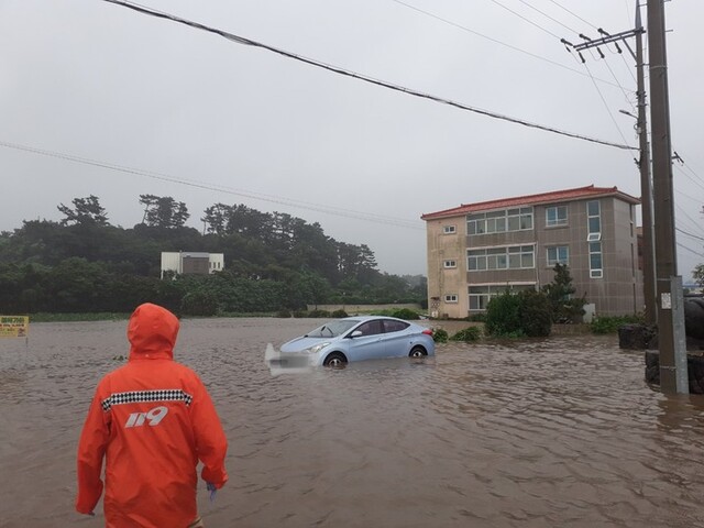 [제주=뉴시스] 제14호 태풍 ‘찬투(CHANTHU)’가 북상하면서 17일 오전 제주시 조천읍에서 불어난 빗물로 도로가 침수돼 차량이 고립되자 소방대원이 운전자를 구조하고 있다. (사진=제주동부소방서 제공)