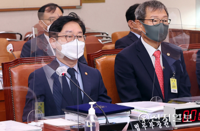 [천지일보=박준성 기자] 5일 오전 서울 여의도 국회에서 열린 국회 법제사법위원회 전체회의 법무부 등에 대한 2021 국정감사에서 박범계 법무부 장관 등 피감기관 기관장들이 출석하고 있다. (제공: 국회) ⓒ천지일보 2021.10.5