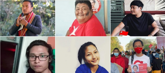 미얀마에서 9월에 군부에게 살해된 주민들. 왼쪽 위부터 꿍비악 험 목사, NLD 당원 고 탄우, 청년운동가 고시투 카웅 얏, 아래 왼쪽부터 청년운동가 코 자우 린 엣, 간호사인 킨킨치웰, 의사 진 린. (출처: 미얀마 현지 매체 이라와디 홈페이지 캡처)