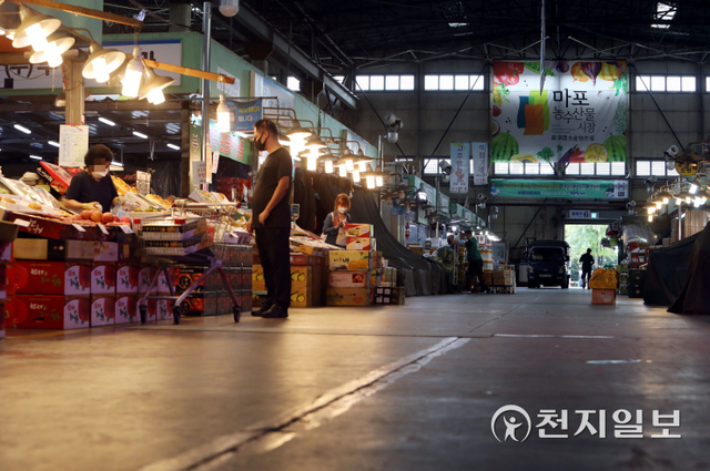 [천지일보=남승우 기자] 신종 코로나바이러스 감염증(코로나19) 집단담염이 발생한 서울 마포농수산물시장이 5일 한산한 모습을 보이고 있다.서울시에 따르면 마포구 소재 시장 종사자 1명이 지난달 25일 최초 확진 후, 이달 3일까지 40명이 추가 확진되고, 4일에 5명이 추가 확진됐다. 관련 확진자는 총 46명이며 모두 서울시 확진자다. 접촉자를 포함해 총 705명에 대해 검사했고 최초 확진자를 제외하고, 양성 45명, 음성 559명, 나머지는 검사 중이다. ⓒ천지일보 2021.10.5