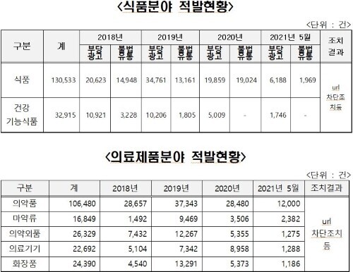 온라인 불법 제품 판매 적발 표. (제공: 국민의힘 강기윤 의원실)