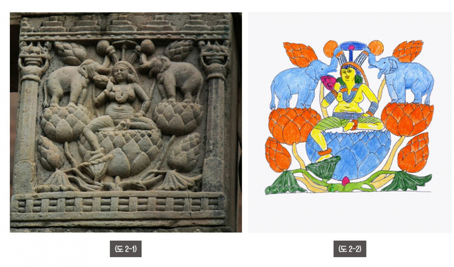 산치 대탑. 기원후 1세기 초(심재관 교수 사진 제공). Gaja Lakshmi라 부르는 까닭은 코끼리(Gaja)가 함께 표현돼 있기 때문이다(도 2-1). 두 코끼리가 각각 만병을 코로 말아서 영화된 물로 락슈미를 화생시키는 것이지 단지 물을 락슈미에게 물을 붓는 것이 아니다. 물론 코끼리 코에서도 물이 나오기도 하지만, 만병 즉 보주를 표현한 것은 놀라울 따름이다. 코끼리는 영수(靈獸)이므로 물을 내뿜을 수 있다. 더 이상 현실에서 보는 코끼리가 아니다. 그래서 코끼리들은 모두 둥근 연봉모양에서 화생하고, 중앙의 큰 연봉모양과 연잎모양에서 락슈미가 화생하고 있다. 화생한 것은 이미 현실의 코끼리와는 근본적으로 다르다. 머리 위에 작은 천개가 있다(도 2-2). (제공: 강우방 일향한국미술사연구원장) ⓒ천지일보 2021.10.10