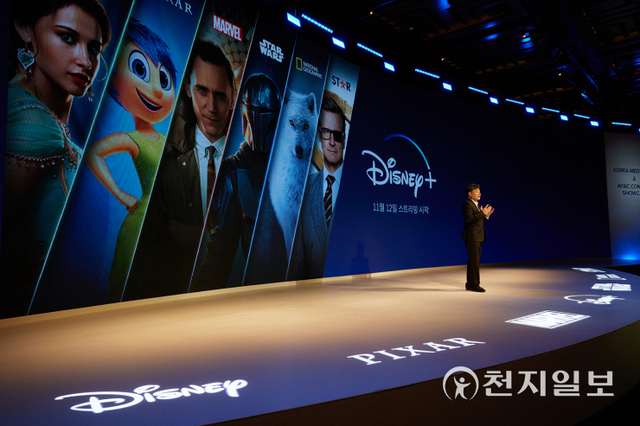 지난 14일 ‘디즈니+ 코리아 미디어데이’의 연사로 참여한 오상호 월트디즈니 컴퍼니 코리아 대표가 디즈니+의 한국 진출 전략에 대해 설명하고 있다. (제공: 디즈니+) ⓒ천지일보 2021.10.17