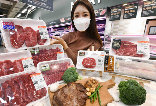 모델이 21일 서울 등촌동 홈플러스 강서점에서 ‘BBQ&스테이크 대전’ 행사 상품을 선보이고 있다. (제공: 홈플러스)