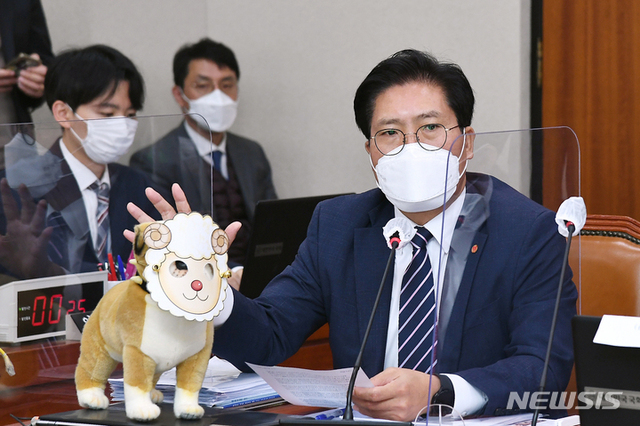송석준 국민의힘 의원이 21일 서울 여의도 국회에서 열린 국토교통위원회의 국토교통부 등에 대한 종합감사에서 '양두구육 인형'을 가지고 나와 질의하고 있다. (출처: 뉴시스, 공동취재사진)