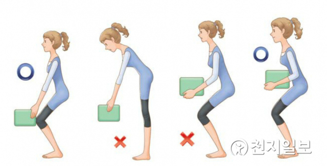 물건을 들어올릴 때는 최대한 몸에 가깝게, 허리가 아닌 무릎을 이용 해야 한다 (제공:자생한방병원) ⓒ천지일보 2020.10.30