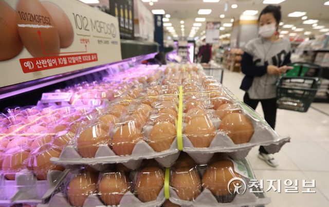 [천지일보=남승우 기자] 10월 소비자물가 상승률이 9년 9개월 만에 최고치를 보인 가운데 2일 오후 서울 시내의 한 대형마트에 계란이 진열돼 있다.통계청 소비자물가 동향에 따르면 10월 소비자물가지수는 108.97(2015년=100)로 지난해 같은 달보다 3.2% 상승했다. 국제유가 상승으로 석유류가 크게 올랐고 달걀·돼지고기 등 축산물도 상승했다.  ⓒ천지일보 2021.11.2