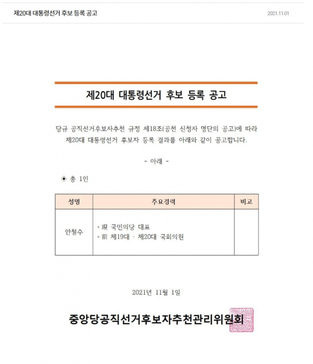(출처: 국민의당 홈페이지 캡처) ⓒ천지일보 2021.11.3