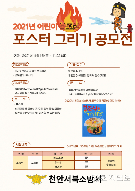 어린이 불조심 포스터 그리기 공모전. (제공: 천안서북소방서) ⓒ천지일보 2021.11.4