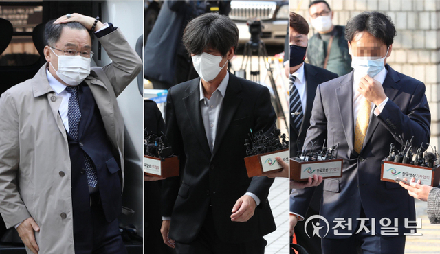 [천지일보=남승우 기자] 성남 대장동 개발 로비·특혜 의혹의 핵심 인물인 화천대유 대주주 김만배(왼쪽부터), 천화동인 4호 소유주 남욱, 전 성남도시개발공사 전략사업실장 정민용씨가 3일 서울 서초구 서울지방법원에서 열린 영장실질심사에 출석하기 위해 법정에 들어서고 있다. ⓒ천지일보 2021.11.3