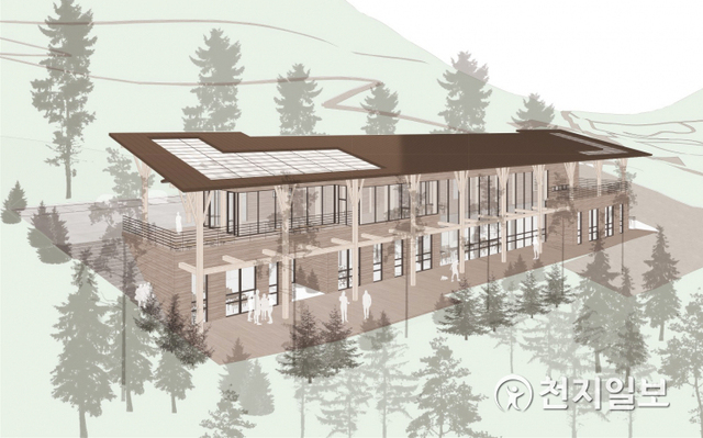 ‘월아산 치유의 숲 조성’ 건축설계공모에 당선된 ‘월아풍경(月牙風景)’ 조감도. (제공: 진주시) ⓒ천지일보 2021.8.24