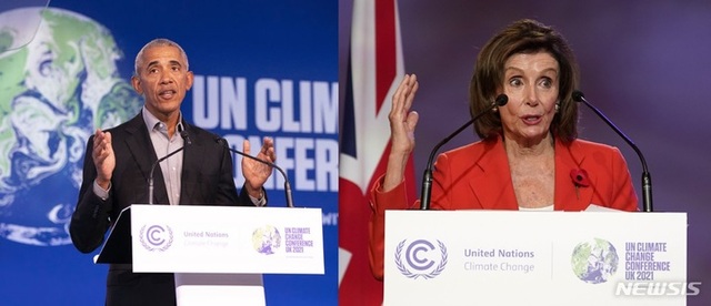 [글래스고=AP/뉴시스]COP26에서 각각 연설하는 버락 오바마 전 미국 대통령(왼쪽)과 낸시 펠로시 미 연방 하원의장. 2021.11.9.