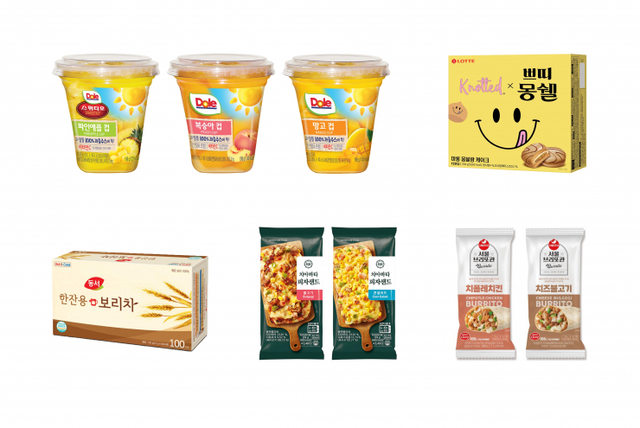 (왼쪽부터 시계방향)돌(Dole)코리아의 후룻컵, 롯데제과의 쁘띠몽쉘 마롱 몽블랑 케이크, 서울우유협동조합의 서울 브리또관, 신세계푸드의 밀크앤허니 치아바타 피자샌드, 동서식품의 동서 한잔용 보리차. (각 사 제공)