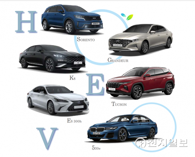 사진은 왼쪽 상단부터 시계방향으로 기아 ‘쏘렌토’, 현대차 ‘그랜저’, 현대차 ‘투싼’, BMW ‘530e’, 렉서스 ‘ES300h’, 기아 ‘K8’. (제공: 각 사) ⓒ천지일보 2021.11.15