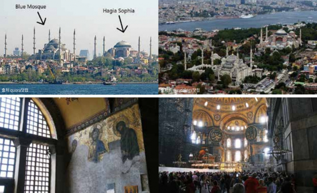536년에 지어져 수백 년간 세계 최대의 성당이었던 터키 이스탄불 성소피아 성당은 1453년 블루 모스크가 됐다. 이후 1934년부터 박물관으로 이용되다가 2020년 7월 다시 모스크로 전환이 결정됐다. 사진은 성화 일부를 지우고, 이슬람 문양을 붙여 성전을 훼손한 모습. (출처: 국제오픈도어 11월 월간소식지) 