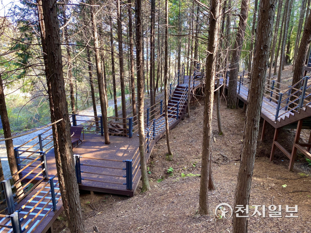 진양호 귀곡동 자연생태 문화탐방로에 조성된 편백숲 쉼터. (제공: 진주시) ⓒ천지일보 2021.11.16