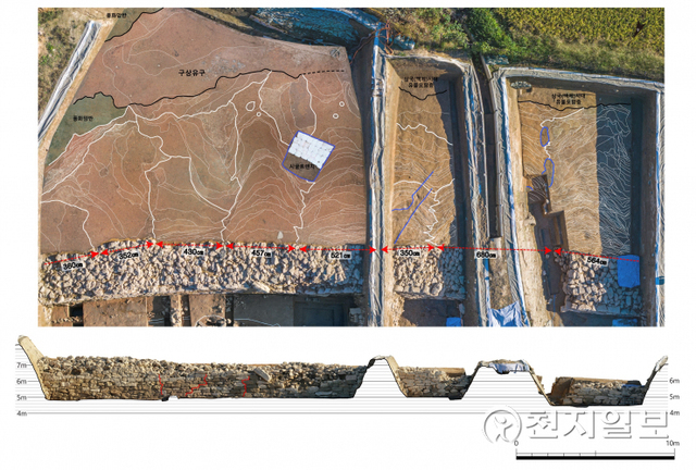 흙 쌓는 공정 단위가 확인된 성벽의 평면 모습 (제공: 문화재청) ⓒ천지일보 2021.12.6