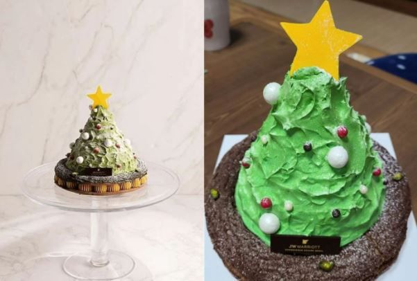 JW 메리어트 호텔의 ‘둘세 초콜릿 몽블랑’. 상세 이미지 사진(왼쪽)과 구매자가 올린 리뷰 사진. (네이버 예약 캡처)