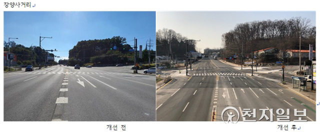 장양사거리 교툥체계 개선공사 전 후 사진. (제공: 원주시청) ⓒ천지일보 2021.12.23