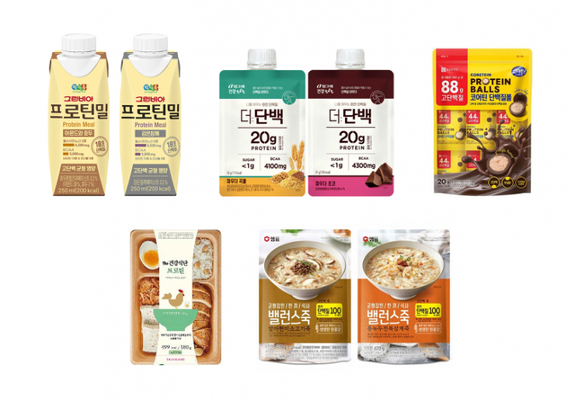 (왼쪽부터 시계방향)정식품의 그린비아 프로틴밀 2종, 빙그레의 더:단백 파우더 2종, 종근당건강의 코어틴 단백질볼, 샘표의 밸런스죽 2종, CU의 The건강식단 도시락. (각 사 제공)
