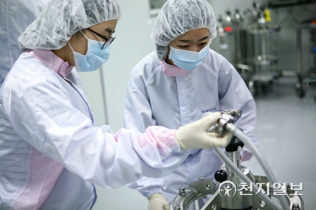 ‘게임체인저’라고 불리는 코로나19 먹는 치료제가 해외로부터 도입되는 가운데 먹는 치료제를 포함한 국산 치료제 개발에도 속도가 붙고 있다. 사진은 제약회사 제넥신 연구소에서 연구가 진행되는 모습. 제넥신은 코로나19 주사제 방식인 치료물질 ‘GX-I7’를 개발하고 있다. (제공: 제넥신) ⓒ천지일보 2022.1.1