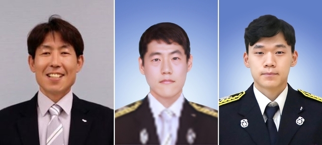 [평택=뉴시스] 6일 경기 평택시 청북면 고렴리 한 물류창고 신축 공사장에서 순직한 송탄소방서 119구조재 3팀 소속 이형석(50) 소방경, 박수동(31) 소방장, 조우찬(25) 소방교. (사진=경기도 소방재난본부 제공)
