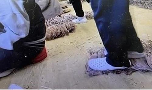 식품업체 작업자가 건조 오징어를 발로 밟아 펴고 있는 모습. (온라인 커뮤니티 영상 캡처)